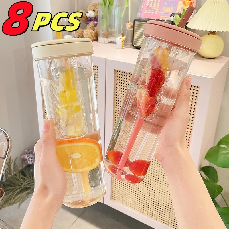 8pcs/set Plastic Flat Cups With Straws & Bear Design, Transparent