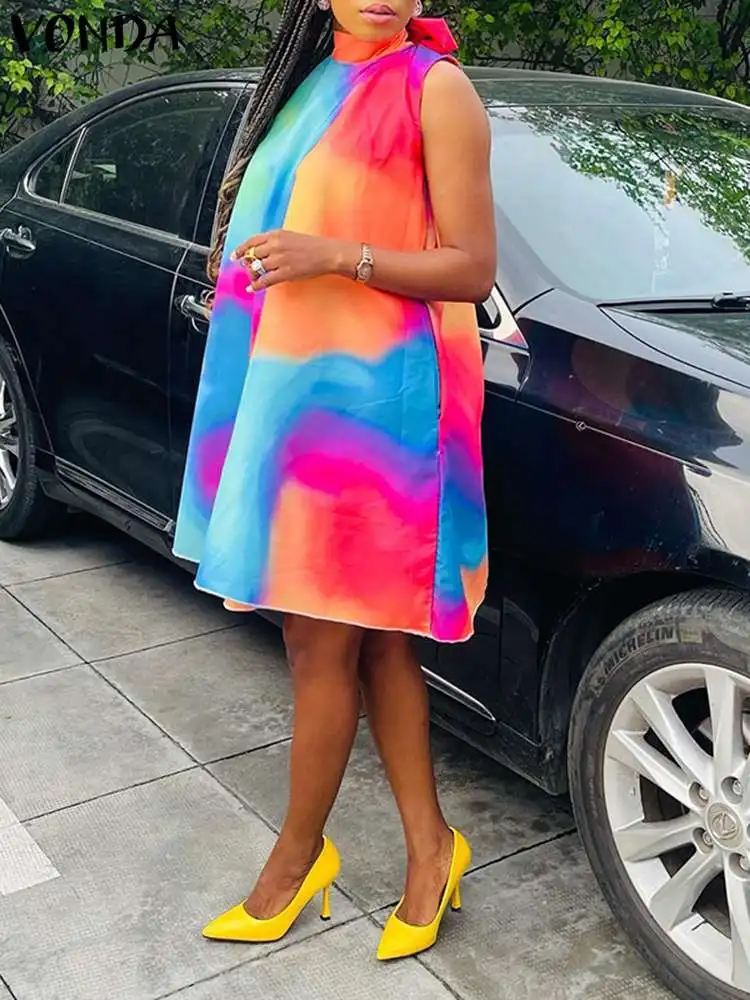 

VONDA Plus Size Women Tank Dress 2023 Summer Sleeveless Mini Sundress Bohemian Printed Bandage Casual Loose Beach Robe