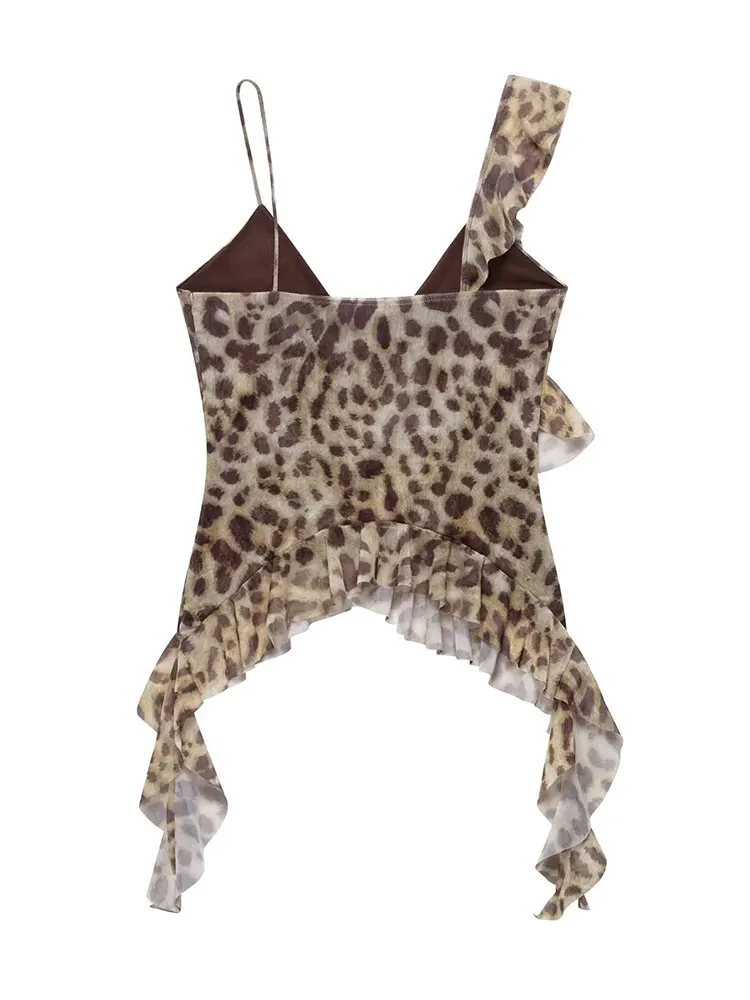 HH Women Fashion Ruffles Leopard Tank Tops Summer Asymmetric Thin Tulle Camisole Sexy Lady V Neck Backless Sling Top