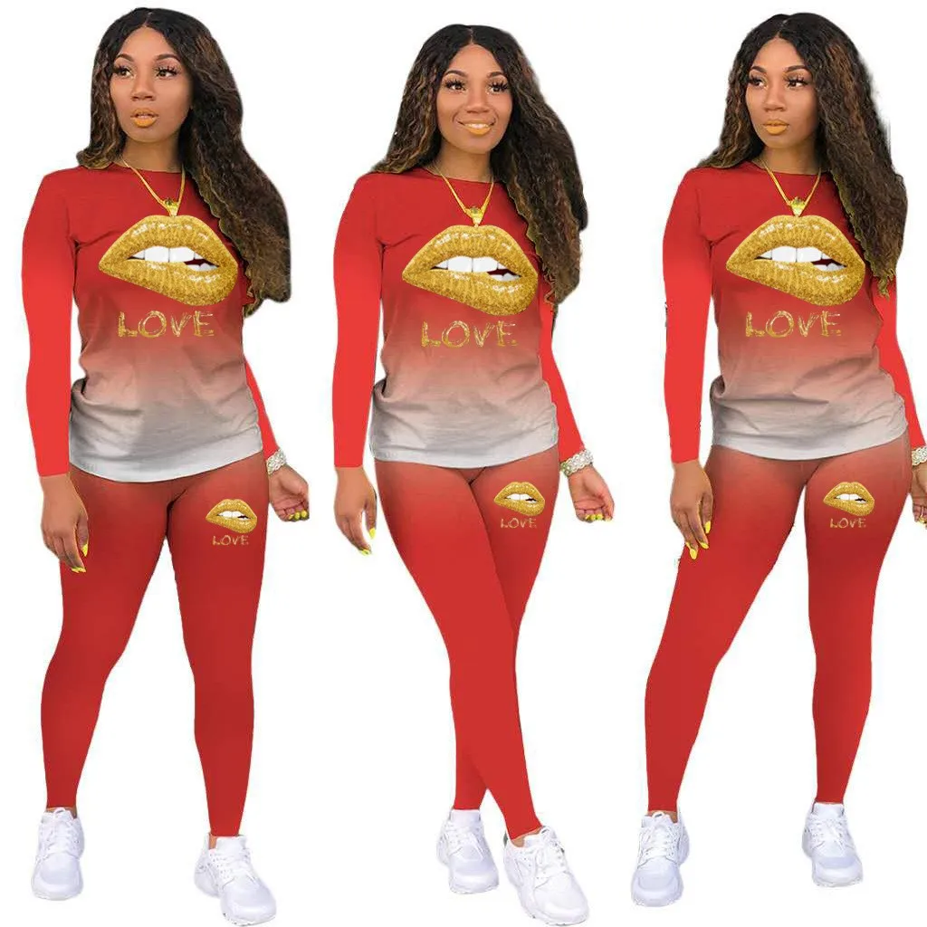 Love Women Outfit Two Piece Gradient Color Set Leisure Long Sleeve+Pant Suits Tracksuit Female Spring Summer Clothes Sportwear