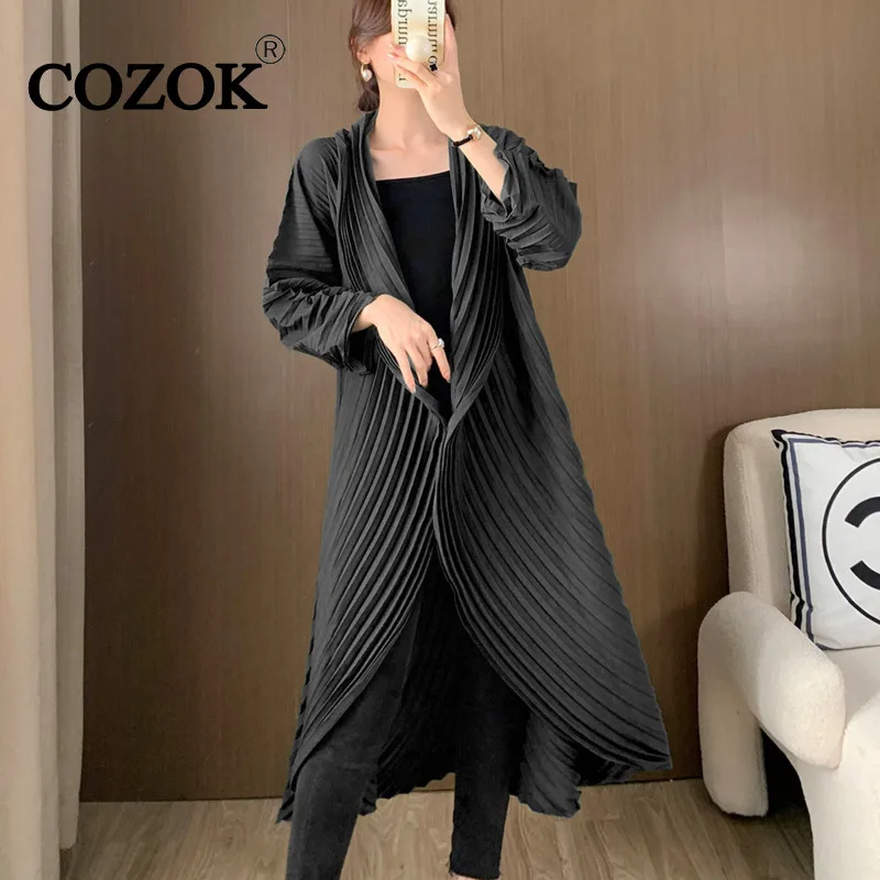 

COZOK Pleated Elegant Women's High Design Pleated Windbreaker lapel collar Fashion Loose Solid Color Cardigan Trench Coat WT832