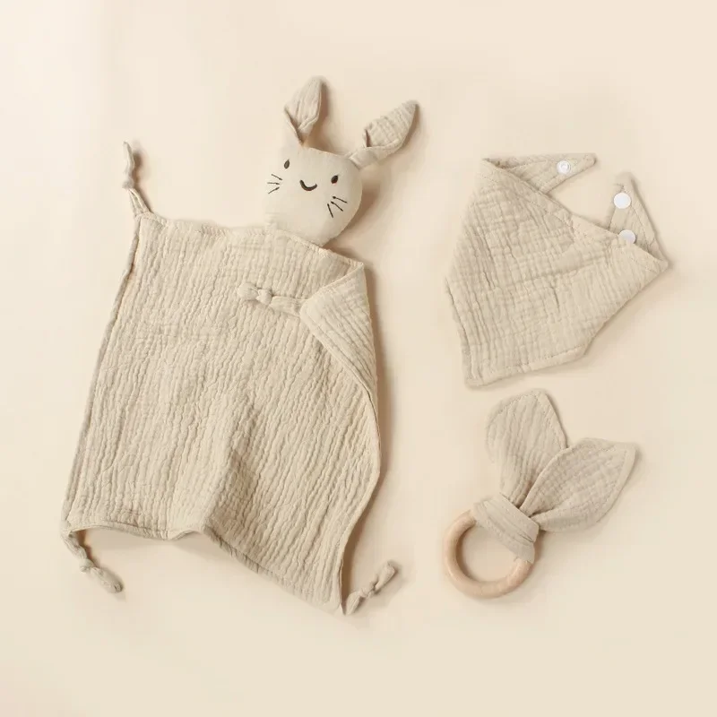 3pcs Set Cotton Muslin Baby Bib Stuffed Rabbit Doll Newborn Appease Towel Security Blanket Baby Sleeping Cuddling Towel Teether