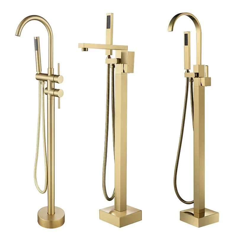 Bathroom Bathtub Faucet + Handheld Shower Free Standing Brushed Gold Luxury 9Mixer Taps Floor Mounted