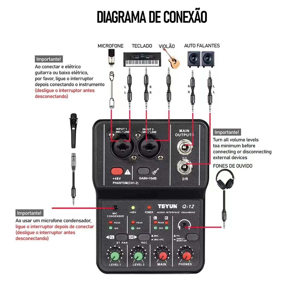 Audio Mixer BOMGE Q-12 2 Channel Sound Mixing Console USB 48V Phantom Power Compact Amplifier Adapter for Recording