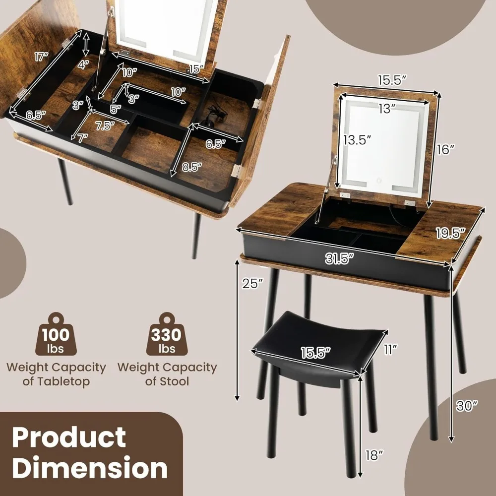 Vanity Desk w/ 3-Color Lighted Flip Top Mirror,7 Storage Compartments,Makeup Dressing Table Set Writing Desk w/ Cushioned Stool 6
