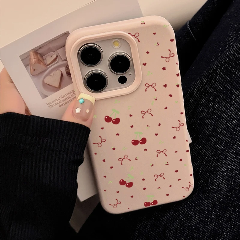 Cherry Silicone Shockproof Soft Leather Phone Case with Cute Heart and Bow Design