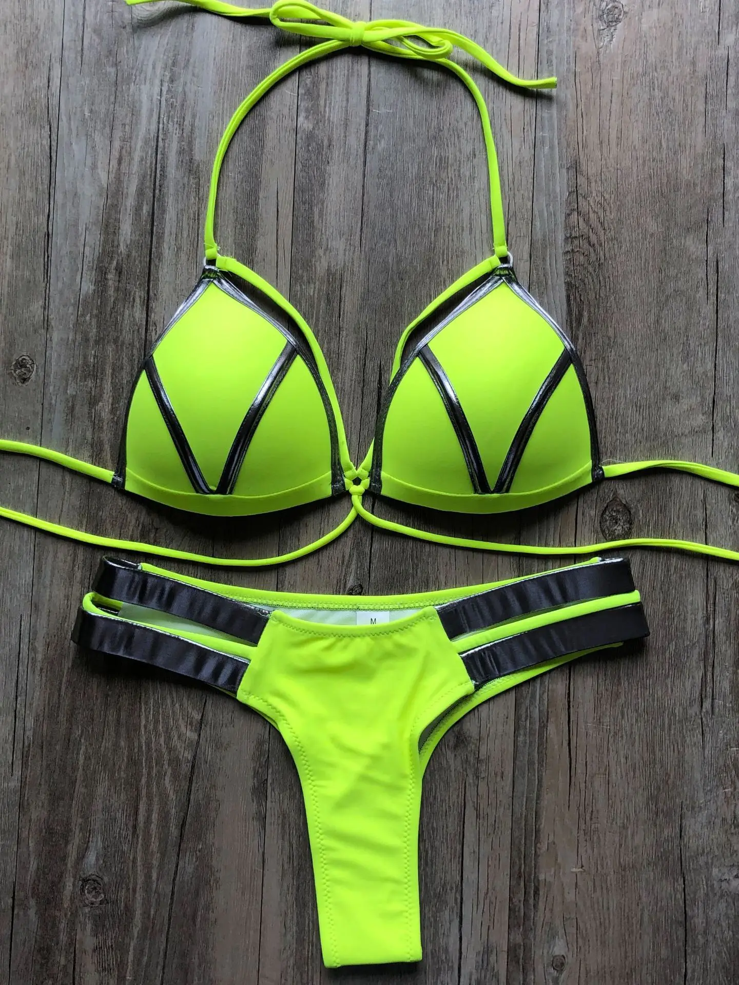 Ensemble Bikini 2 Pièces Pour Femme - Sexy - Vert Flash - Maillot De Bain Tendance - Jambe Haute - String Rembourré - Push Up - Vert - Taille L, Vert, Grand