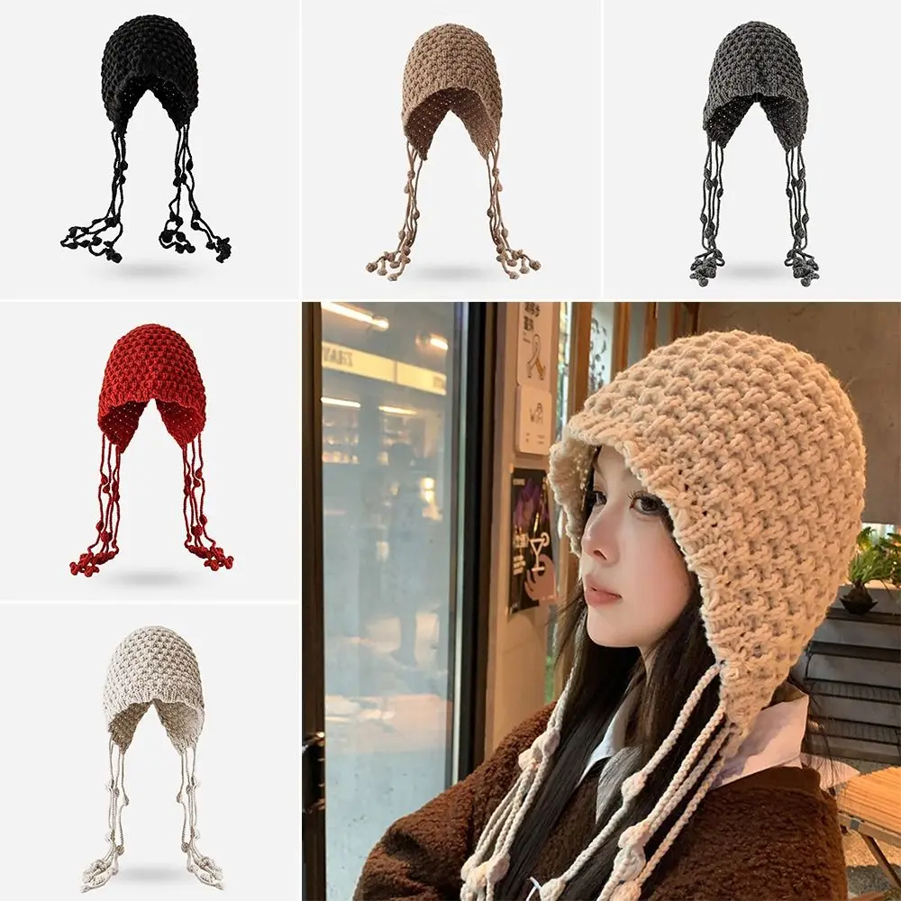 

Handmade Knitted Hat Sweet Wool Warm Pullover Hat Tassel Windproof Ear Protection Hat Women