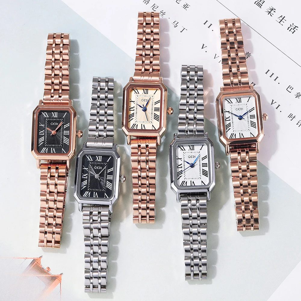 Fashion Quartz Wrist Watch for Ladies Rectangle Roman Scale Stainless Steel Bracelet 3ATM Water Resistance Luxury Ladies Watches