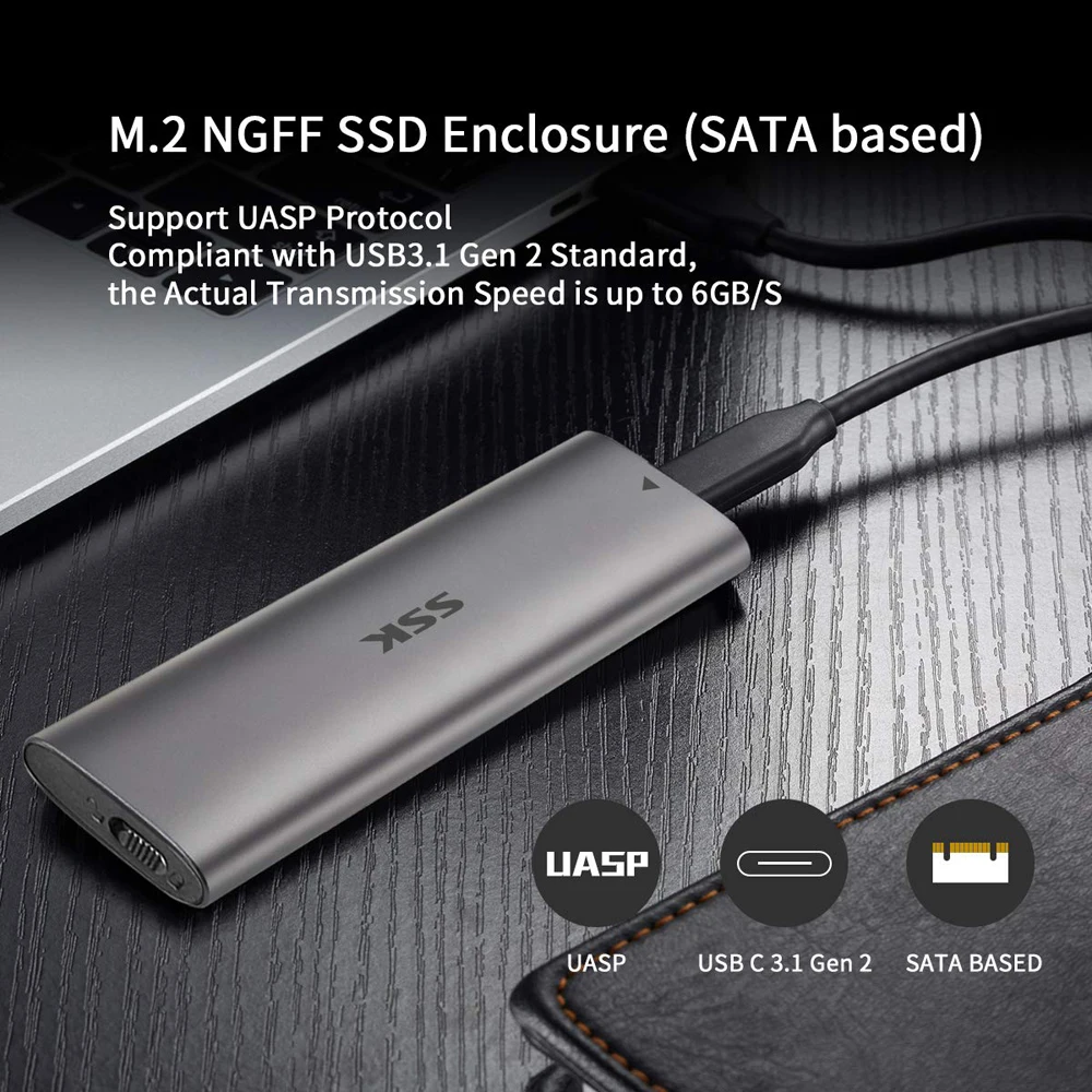SSK Aluminum M.2 SATA SSD Enclosure Type-C External SSD Adapter Tool-Free Support UASP Trim for M.2 NGFF B Key/B + M Key PC Case