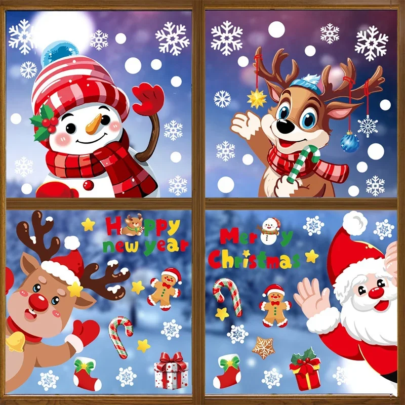 Merry Christmas Window Decoration Stickers Electrostatic Glass Decals Santa Claus Snowman Snow Flake Pattern Xmas Ornaments