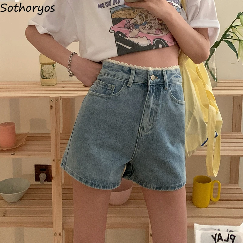 

Denim Blue Shorts Women Lace Design Fashion Washed High Waist Tender Ulzzang All-match Students Loose Classic Chic Шорты Женские