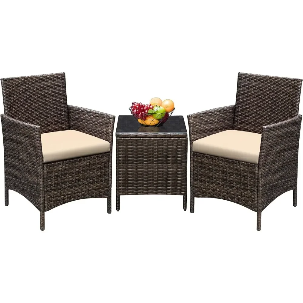 3 Pieces Patio Furniture PE Rattan Wicker Chair Conversation Set, Brown and Beige, Outdoor Furniture Set, Suitable for Gardens