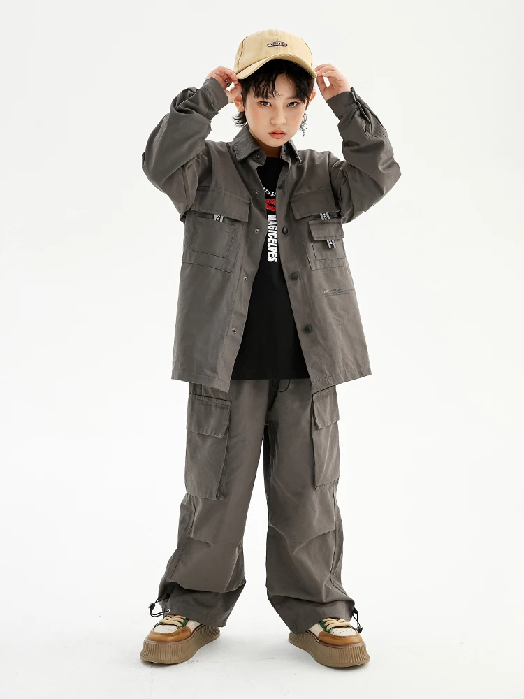 

2023 Boys Hip Hop Clothing Gray Overalls Shirt Cargo Pants Girls Jazz Dance Outfit Kpop Performance Suit Stage Costume BL9310