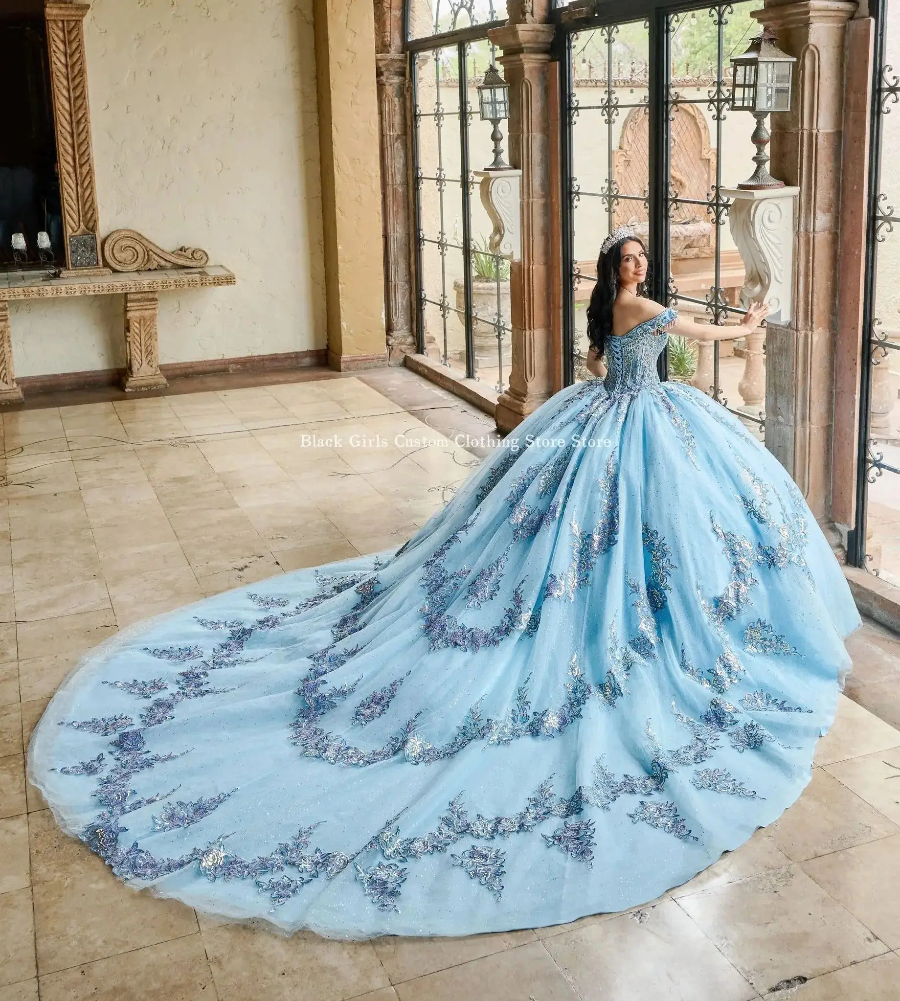 Sky blue Ball Gowns One-shoulder Sheer Fishbone Corset Beaded Appliques vestidos en oferta liquidaci&oacute;n env&iacute;o gratis Custom