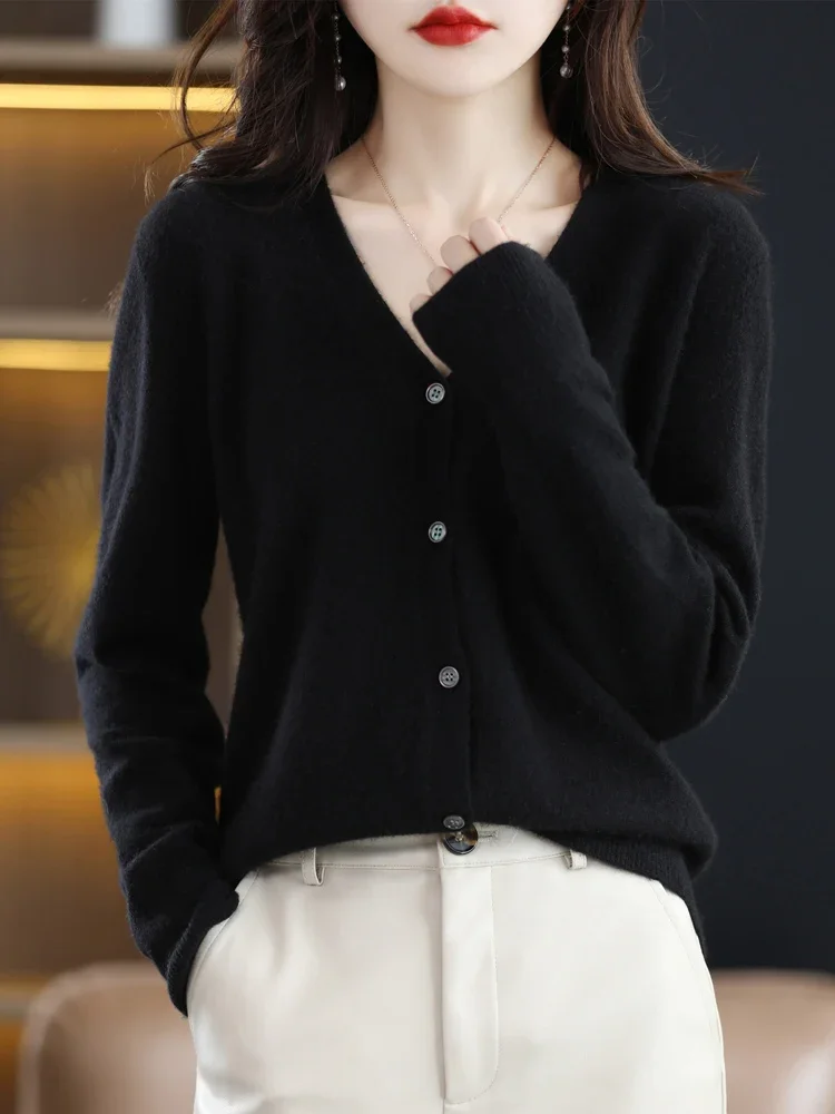 Women Cardigans V-neck Long Sleeve Knitted Outerwear Solid Thin Spring Autumn Sweaters Knitwears Korean Fashion Red Cardigans 4