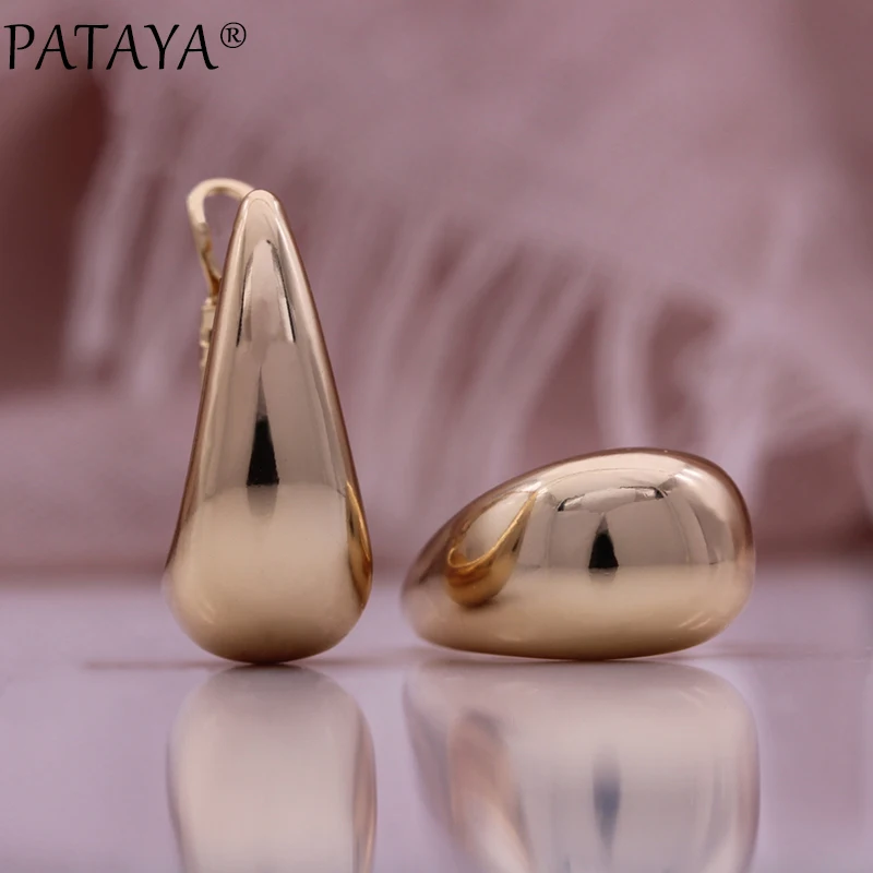 PATAYA New Trend Glossy Dangle Earring For Women Unusual 585 Rose Gold Color Natural Zircon Earrings Minimalist Daily Jewelry