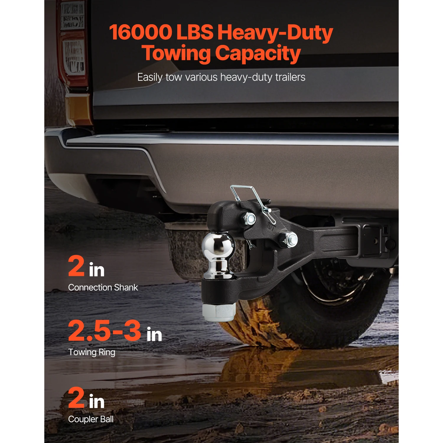 SucceBuy Pintle Towing Hook Hitch Combination 2in/ 2-5/16in Receiver Ball for 2in Hitch Hook fits 2.5 - 3in Lunette Ring