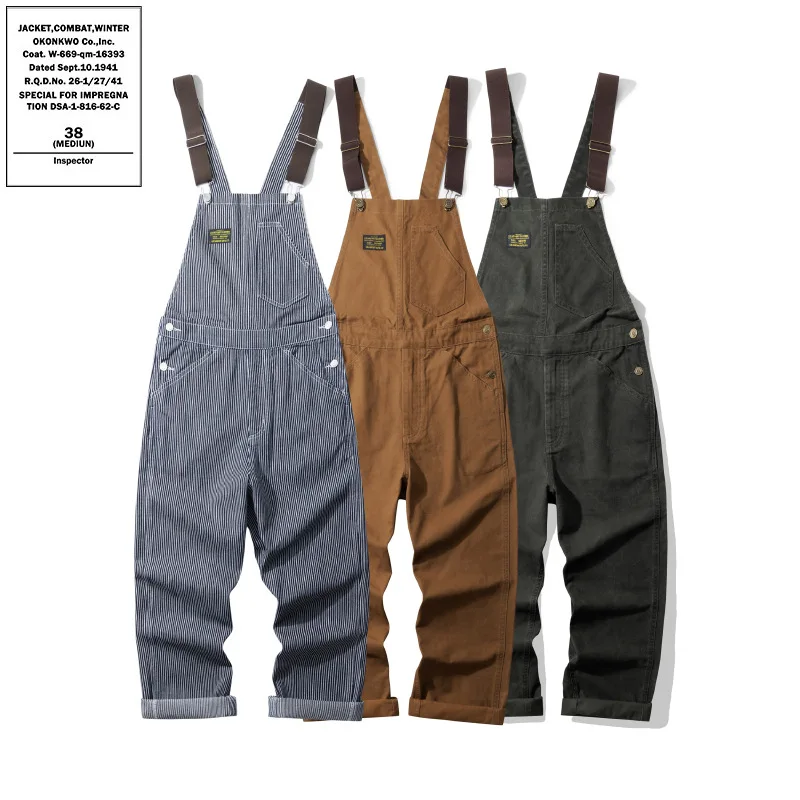 OKONKWO Outdoor Canvas Lumberjack Pants Workwear Overalls Railway Tooling Work Striped Jumpsuit Gardening Rompers Jeans Trousers
