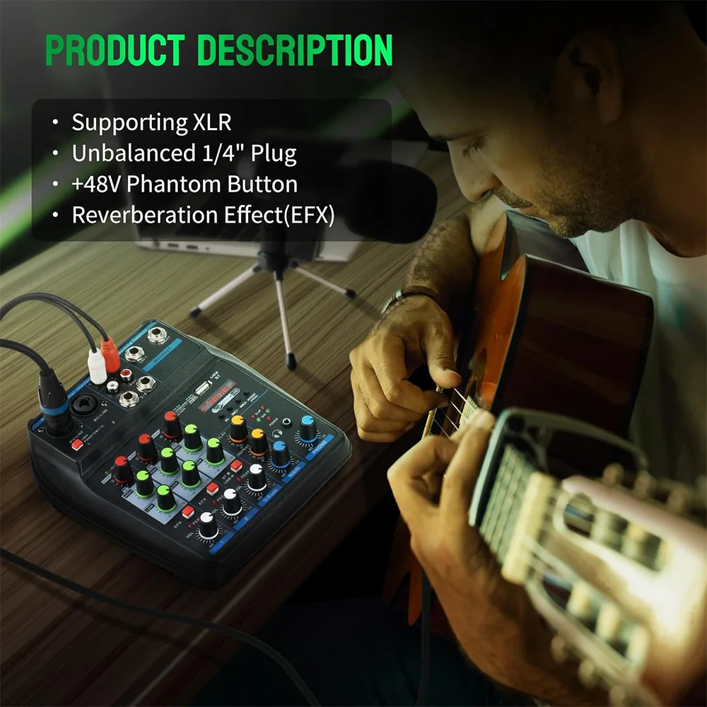 휴대용 4채널 오디오 믹서 레코딩 사운드 콘솔 카드, BT 48V USB 인터페이스 포함, DJ, 가라오케, PC, MP3, 마이크용