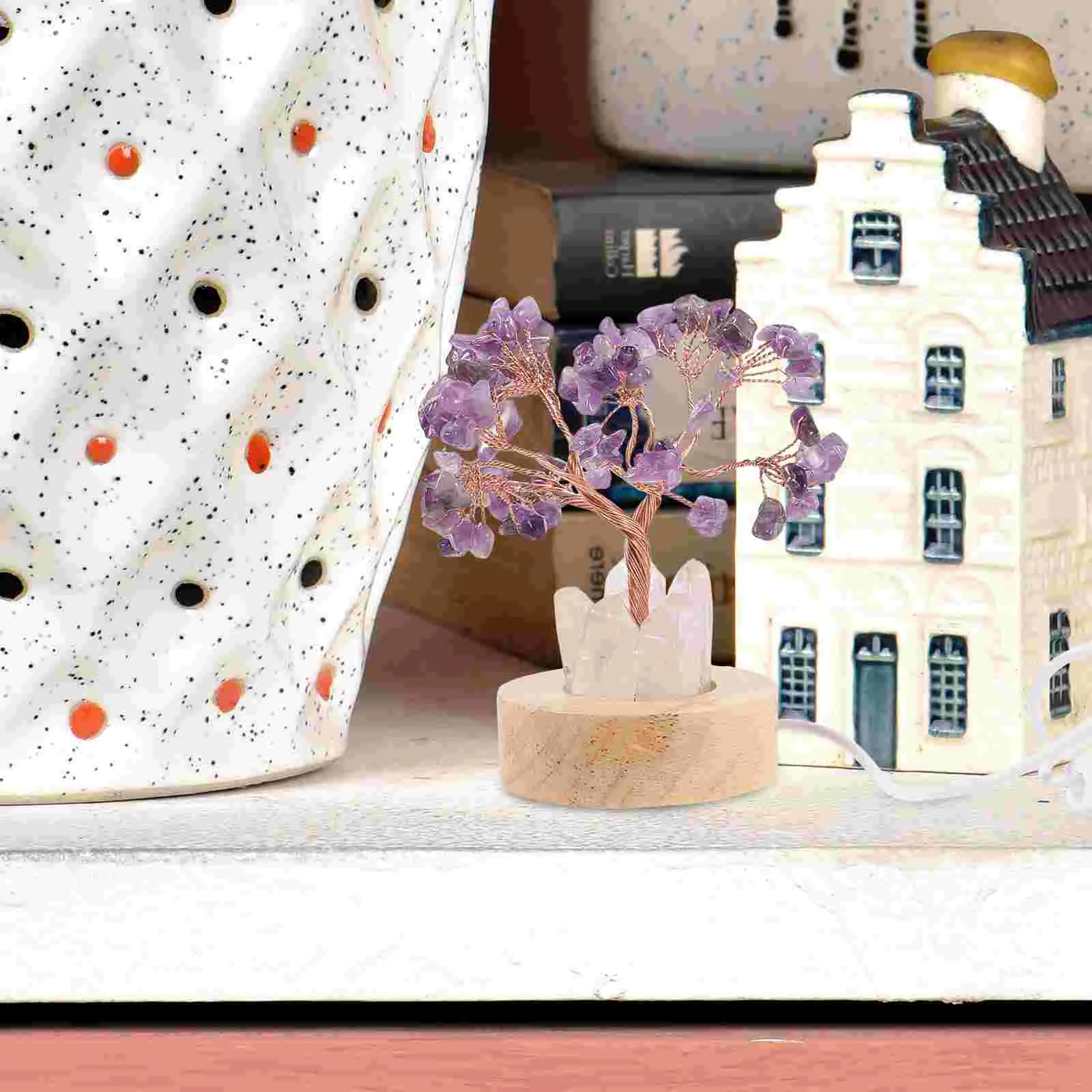 

Decorative Small Night Pillar Bedroom Money Tree Amethyst Lamp Wooden