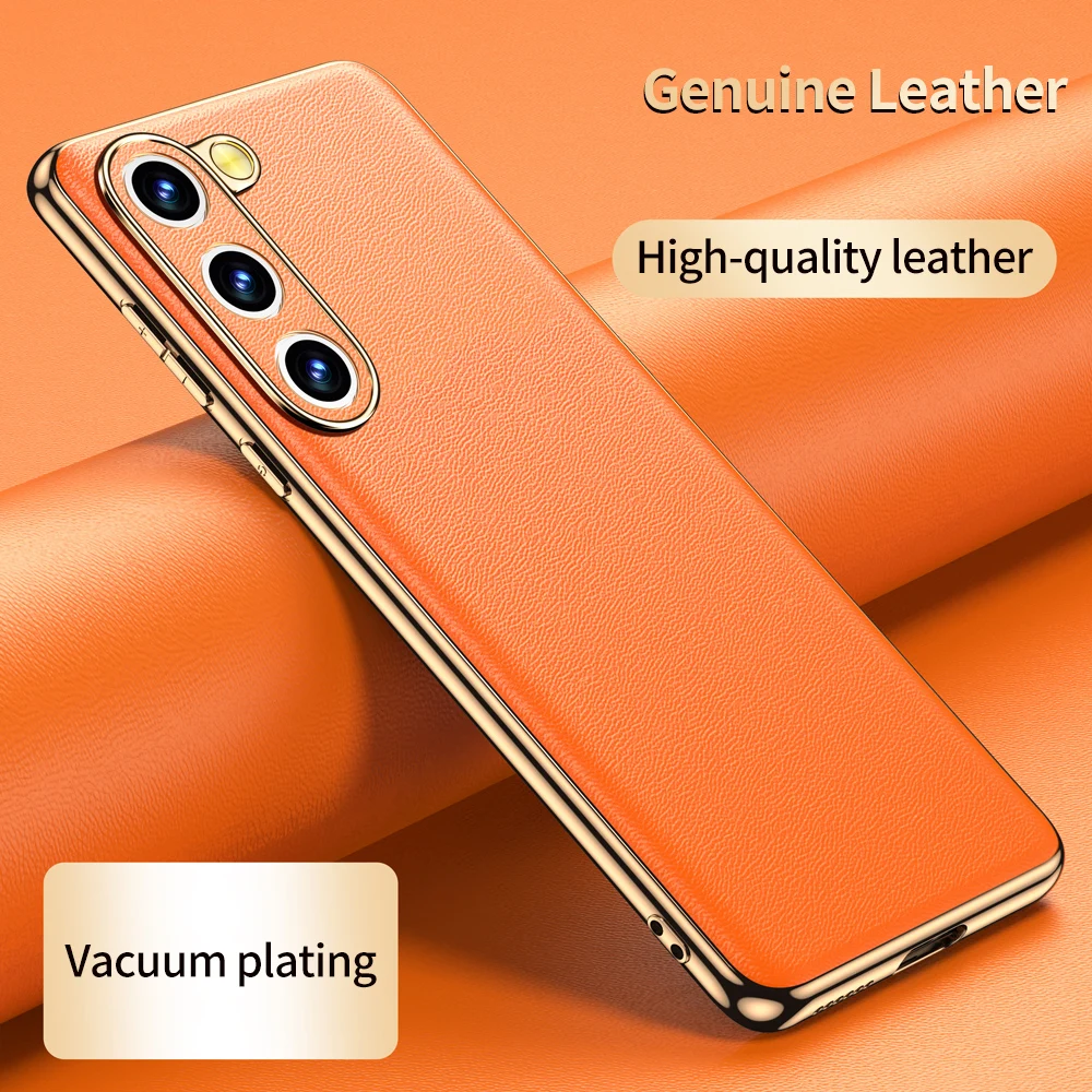 

Genuine Leather Phone Case for Samsung Galaxy S24 S23 Ultra S22 Plus S21 FE Note 20 Plating Shockproof Lens Protection Cover