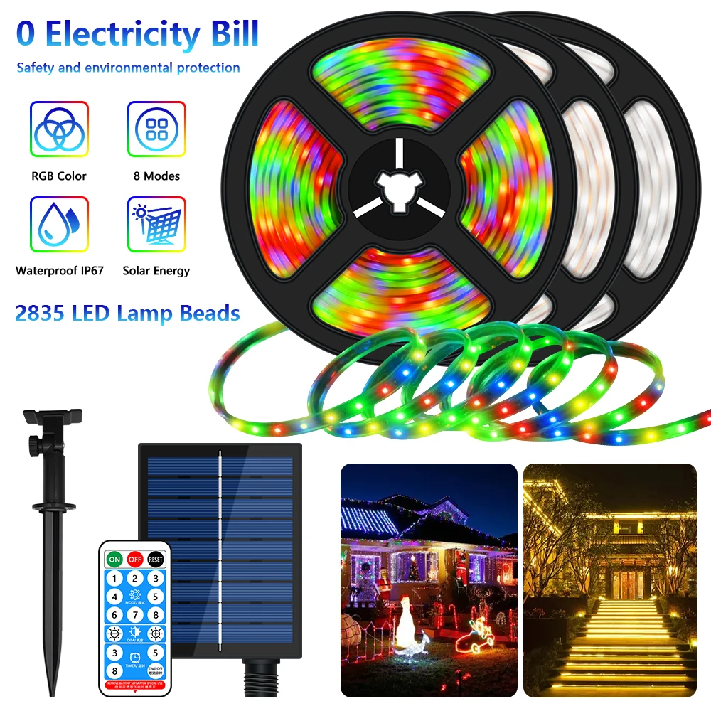 Solar LED Strip Light 8 Modes Christmas Colorful Fairy 5M 10M IP67 Waterproof Atmosphere Solar Patio Garden Decoration 4 in 1 car interior foot floor decoration bulbs atmosphere lights rgb led strip lamp usb bluetooth app control multiple modes