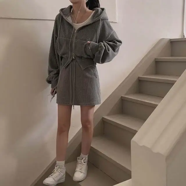 Korean CHic Corduroy Two-piece Skirt Sets Women Hoodie Crop Top Coats Bodycon Mini Skirt Autumn Winter New Outfits Casual Suit
