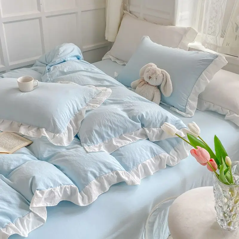 

Korean Princess Style Duvet Cover Set No Filling Pink Blue Soft Washed Cotton Girls Favorite Ruffles Bed Linen Pillowcases