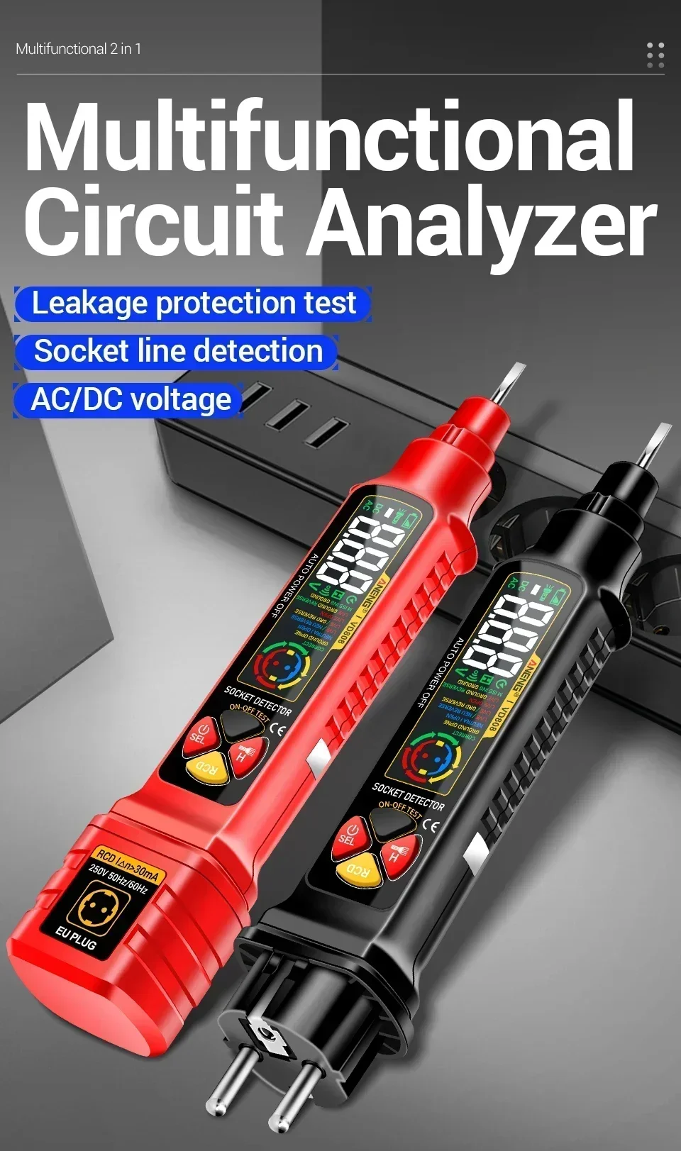 Steckdosen-Leistungsanalysator ANENG VD808 AC/DC-Spannungs-Steckdosentester, digitaler Leistungsschalter, Finder, Leckage, Polarität, Leckage – Detail 2