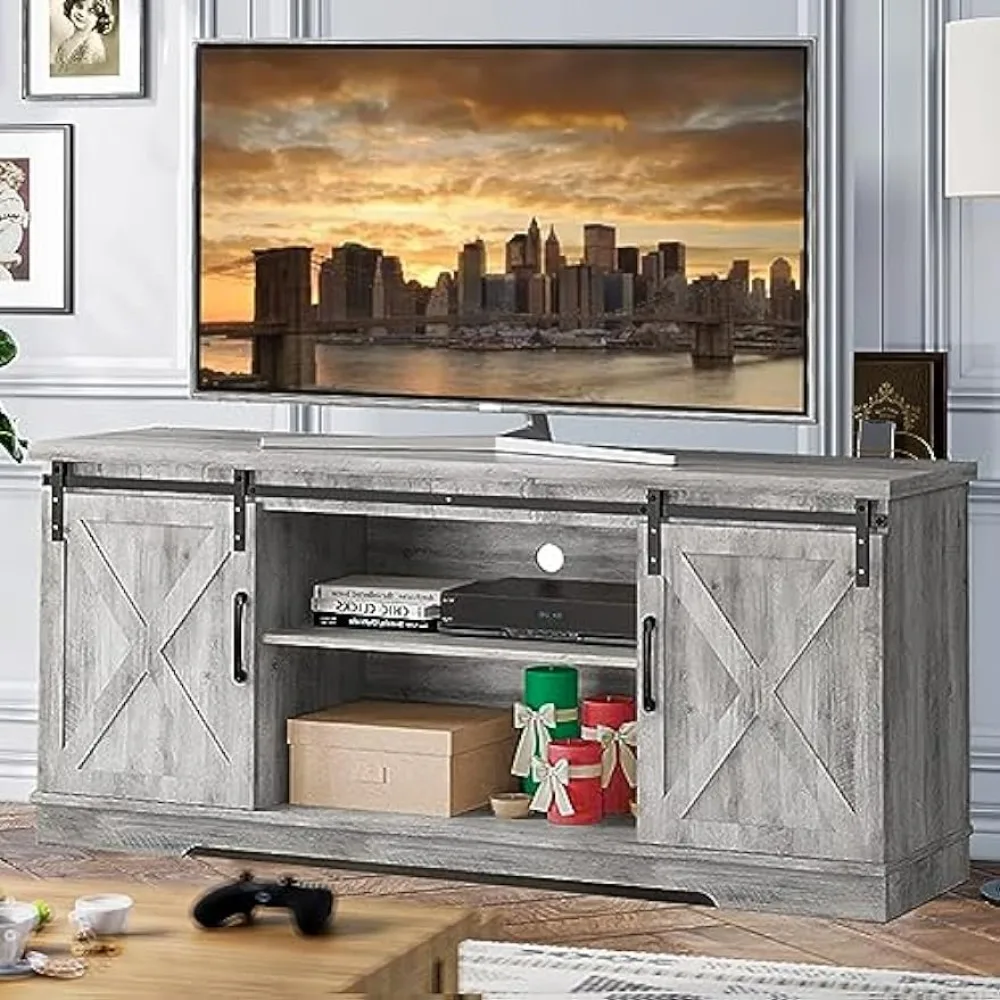 

Farmhouse TV Stand, Entertainment Center for 65 Inch TV Media Console Table, Barn Door TV Stand with Storage and Shelves