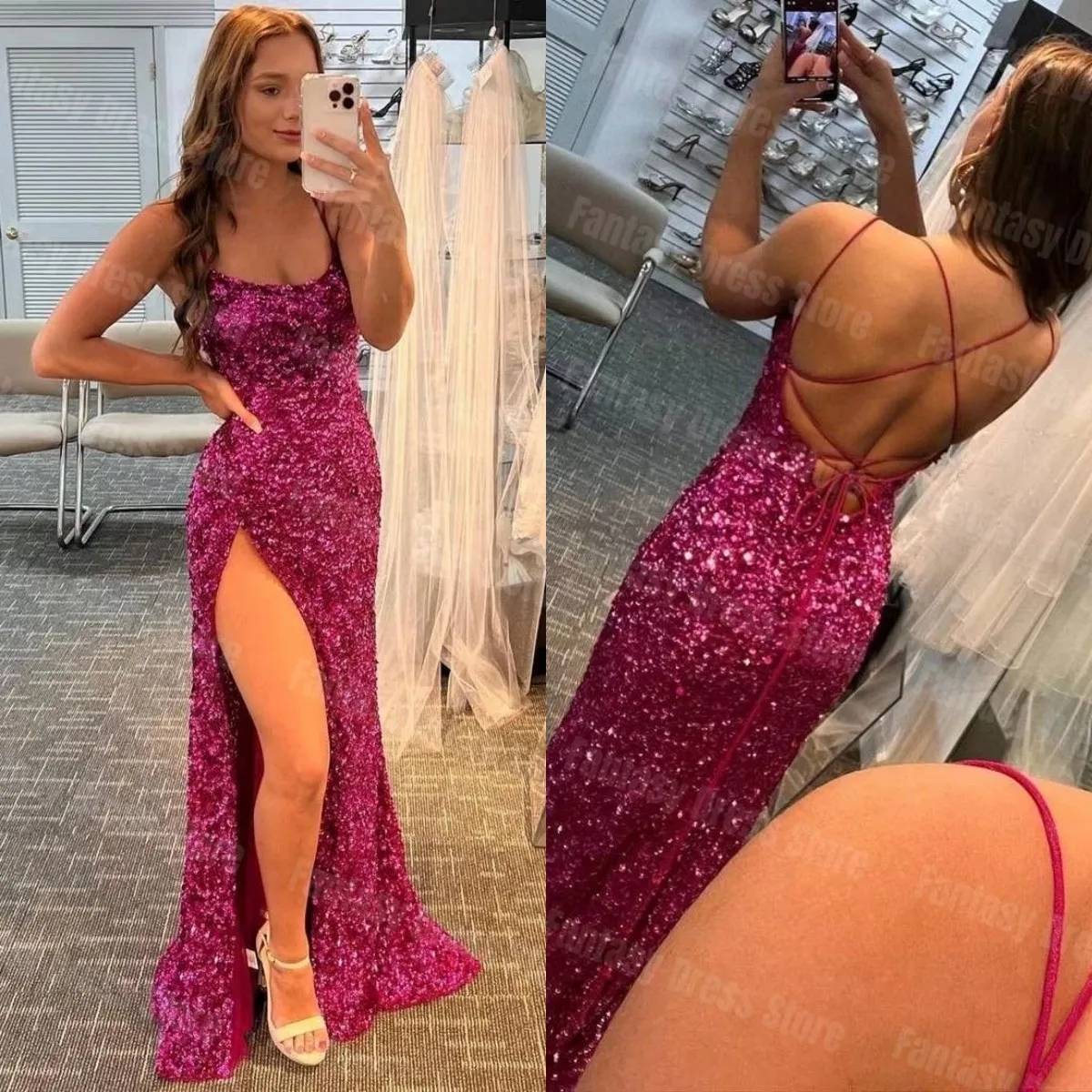 

Fantasy Dress 2023 Elegant Rose Red Mermaid Spaghetti Strap Evening Dresses Side Split Shiny Sequins Sexy Backless Prom Dresses