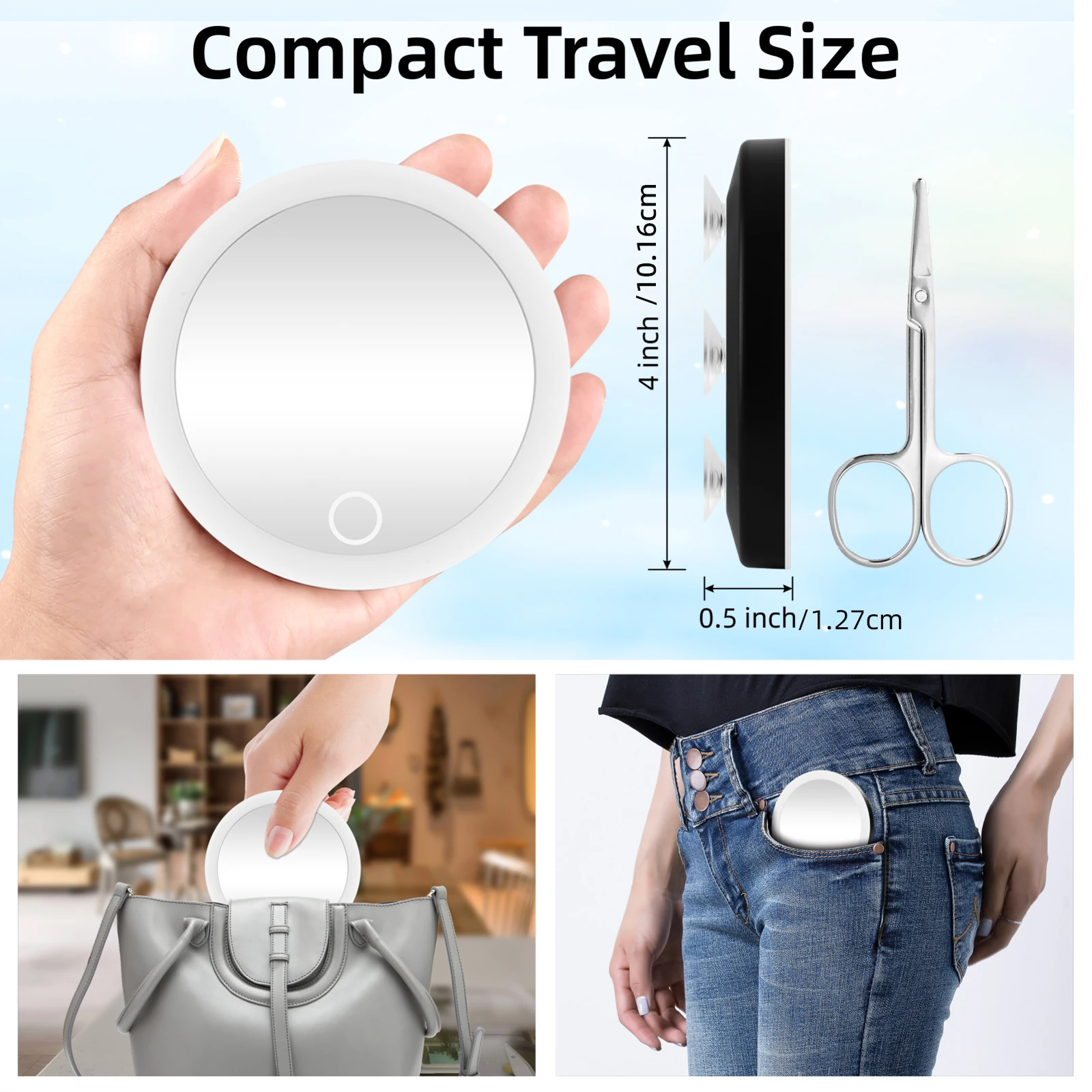 Makeup Mirror Magnifying Mirror 4" Compact Mirror Natural LED Light Rechargeable Lighted Travel 3 Suction Cups