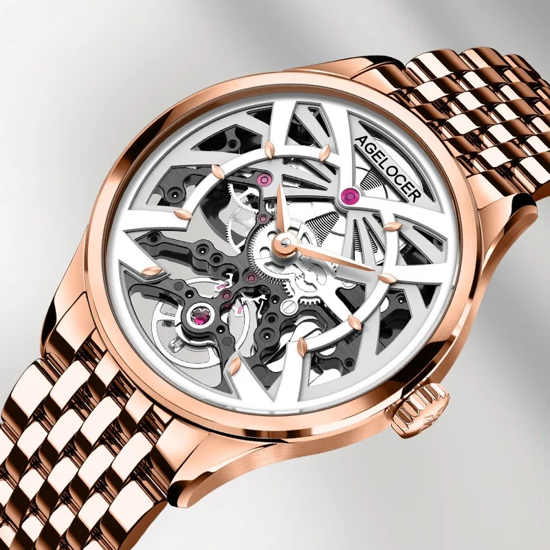 AGELOCER Women\'s Top Brand Mechanical Skeleton Automatic Luxury Watch Elegant Ladies Christmas Valentine