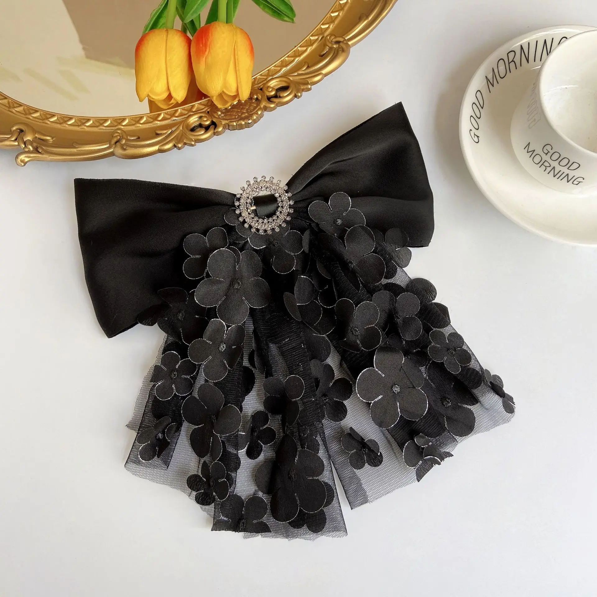 

French Flower Hair Clip Large Black Bow Hairpin Princess Barrette Ribbon Hair Pins Headpiece Korean Women Girls Hair Accessories