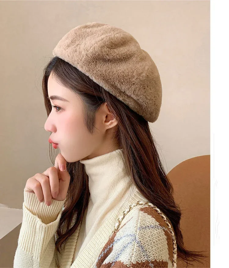Hot Sale Y2K Rabbit Fur Beret Hat Female Autumn Winter Warm Candy Color All-match Sweet Cute Plush Painter Hats Brim Cap Gorras_autovado.com