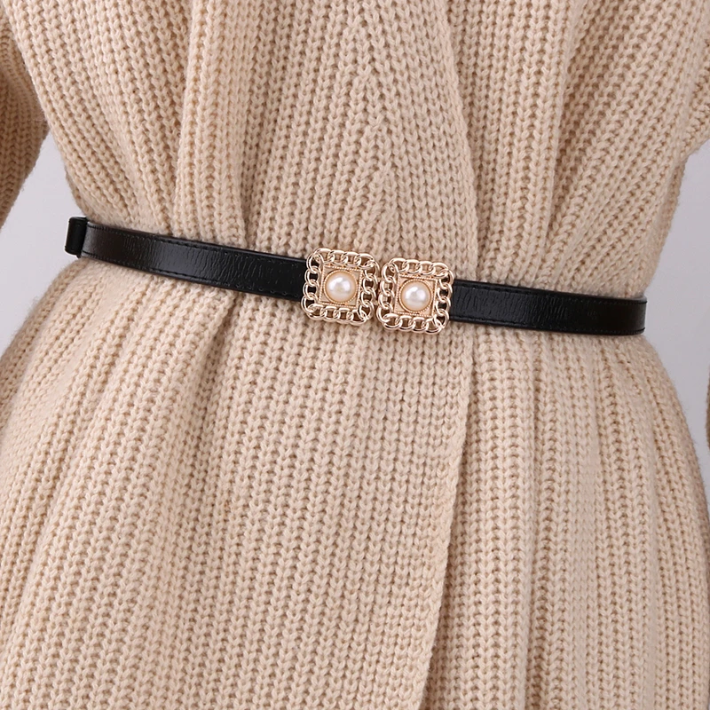 Genuine Leather Belts Women Luxury Brand Pearl Decoration rhinestone Casual Cowhide Thin Belts for Coat Ladies Dresses Waistband vintage color belt with rhinestone moroccan style wedding decoration waist chain ladies hollow floral jewelry belt