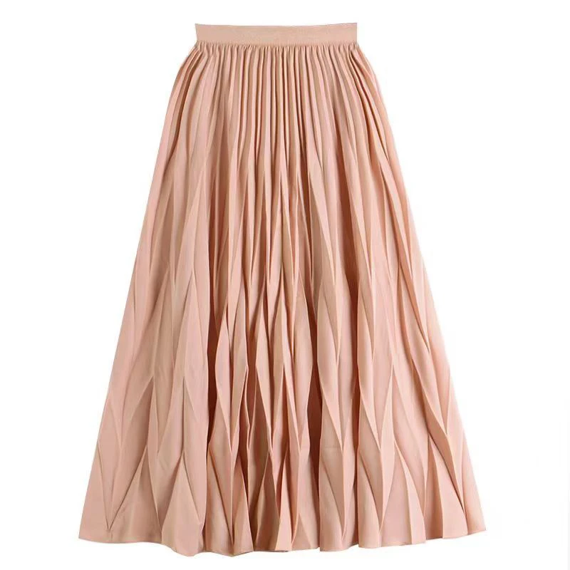 

Summer Fashion Rhombus Pleated Long Skirt Women 2023 New Casual Solid All-match A Line High Waist Midi Skirt Female Ladies