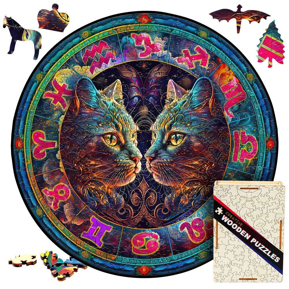 Animal Cat Jigsaw Puzzles For Kids Wooden Puzzle Zodiac Sign Gemini Memory Game To Play In Family 3D Wood Puzzle Montessori Toy