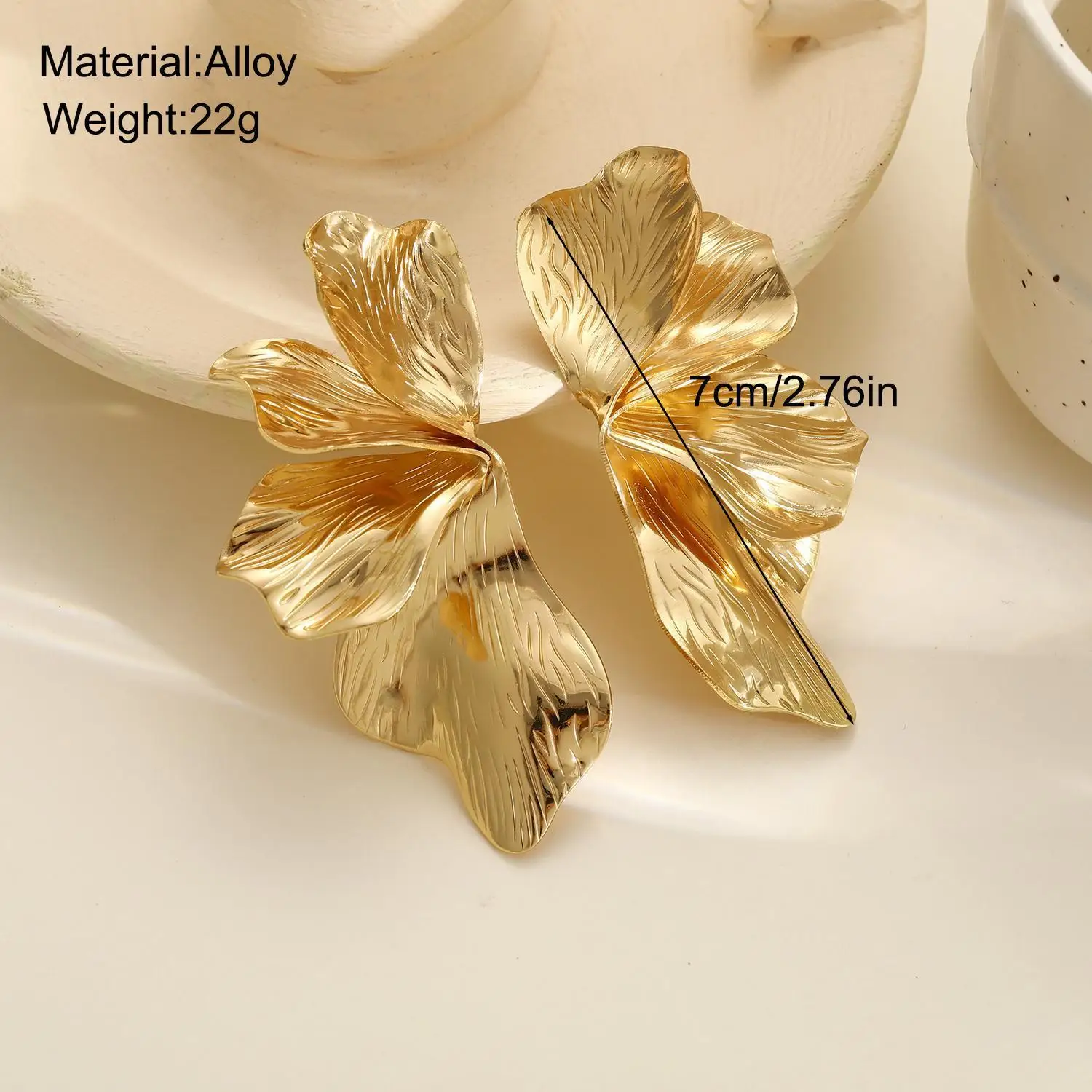 Stainless Steel Golden Double Layered Five Petal Flower Earring for Women Vintage Stripe Flower Dangle Earrings Jewelry Gifts