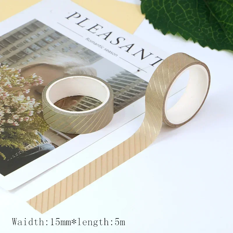 

New 1PC 15mm*5m Gold Foil Twill washi tape kawaii Deco Adhesive Scrapbooking Stationary Supplies Masking Tape sticker