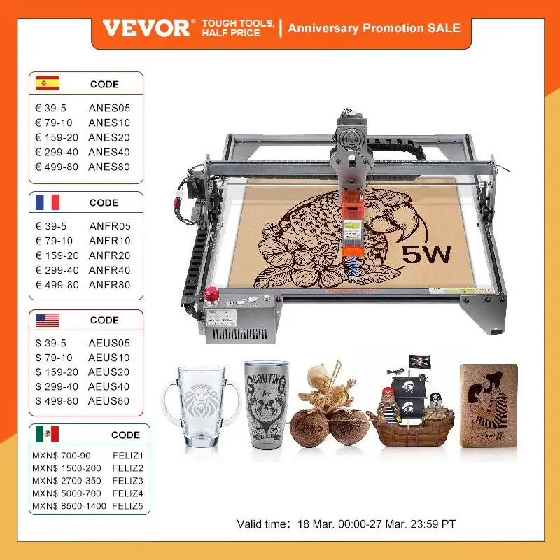 

VEVOR 5W Laser Engraver Output Laser Engraving Machine 16.1" x 15.7" Large Working Area 10000mm/min Movement Speed