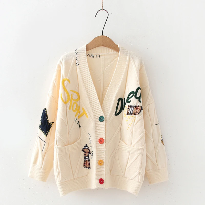 

Autumn Winter Casual Hand Embroidered Sweater Women's Loose Short Knitting Sweater V-Neck Long Sleeve Single Breasted Top Jacket