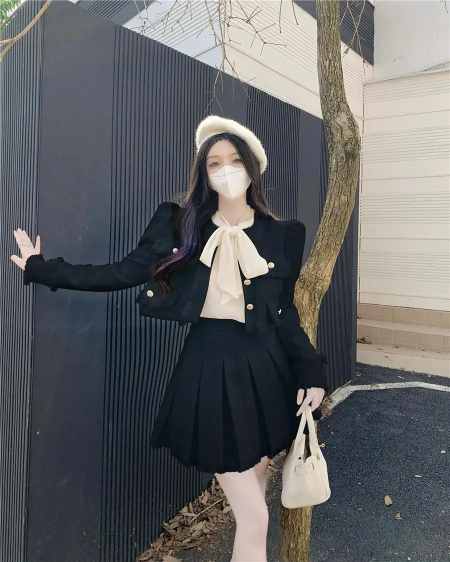 Autumn New French Vintage Tweed Two-Piece Skirt Set Women Short Jacket Coat + Pleated Mini Skirt Suits Korean Luxury Outfits
