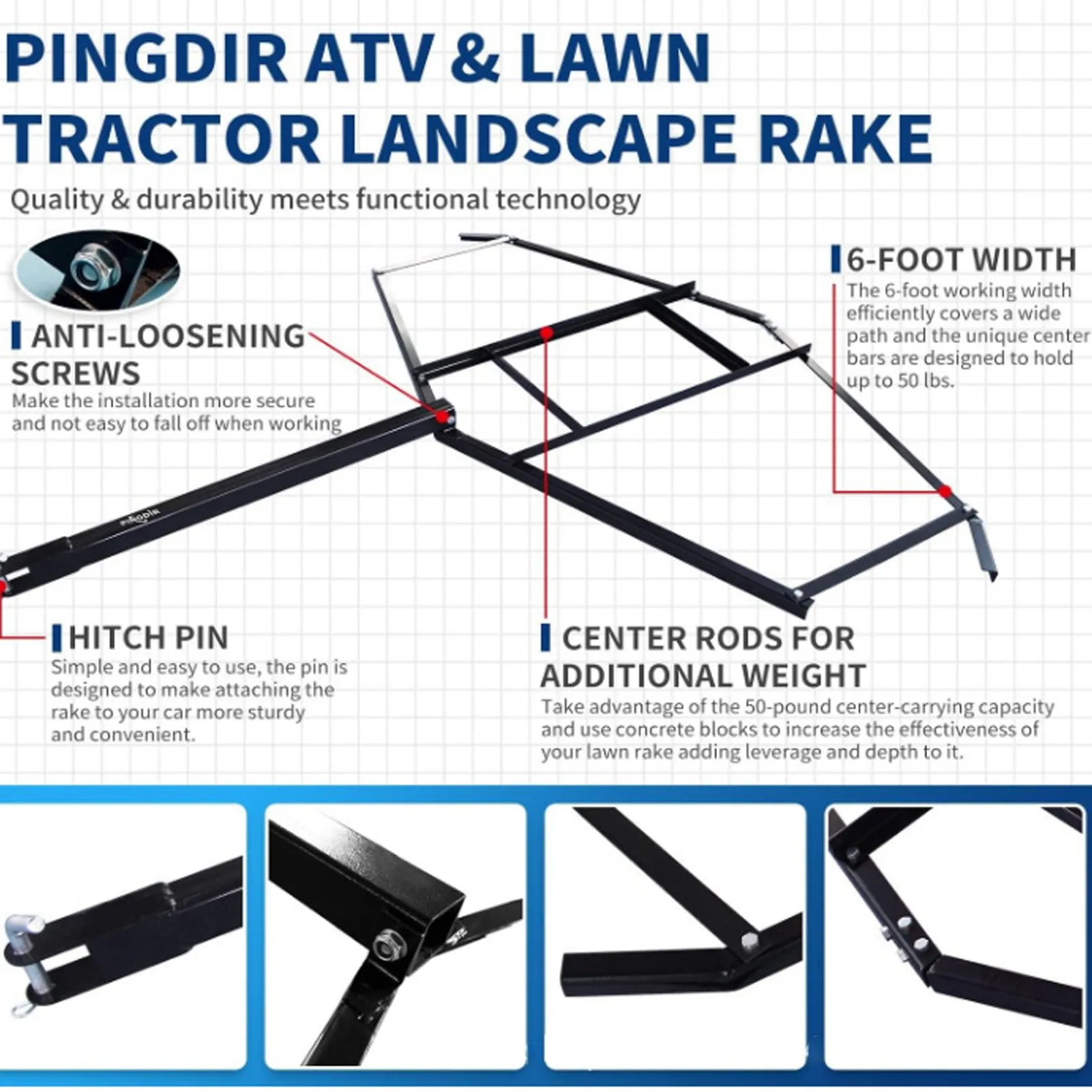 74 Inch Drag Driveway Tractor Harrow Heavy Duty Steel Lawn Leveling Rake for ATV UTV Trailer Mower 3