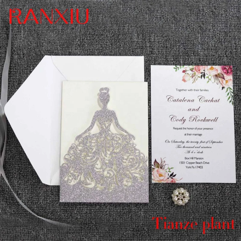 

Custom Custom Glitter Laser Cut Luxury Bride Wedding Invitations with Ribbon and Envelopes Greeting Card Set