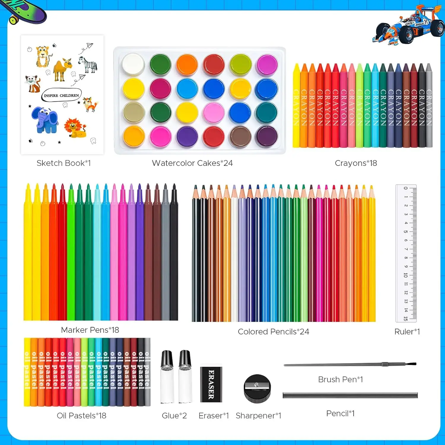 110PCS Arts & Crafts Supplies Coloring Pens Set Painting Set With Markers/Crayons/Colored Pencils/Oil Pastels/Watercolor Cakes - 2