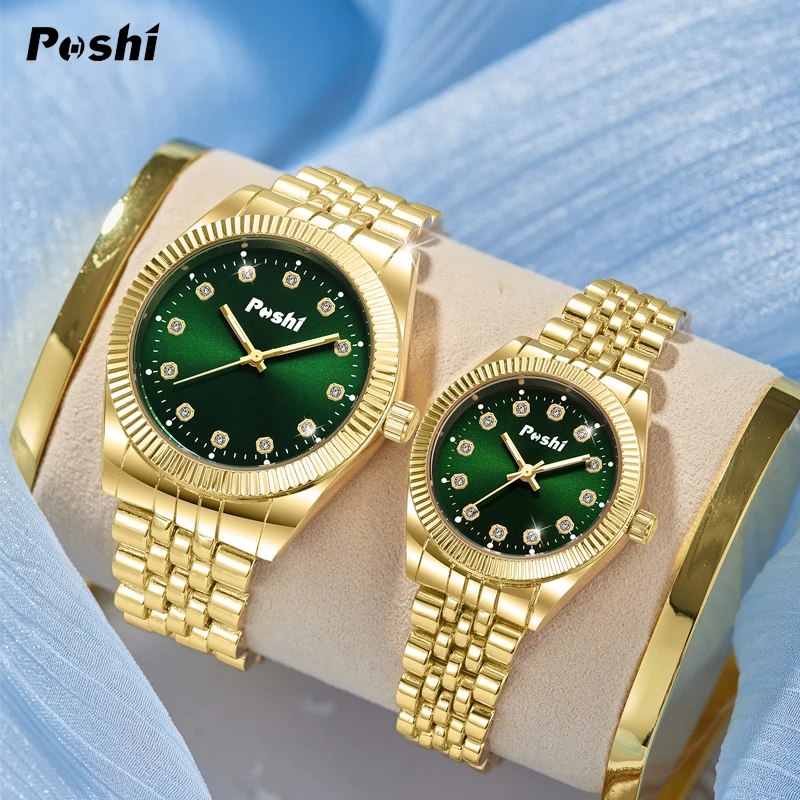 POSHI-Relógio de luxo em aço inoxidável para homens e mulheres, presente do amante, impermeável, quartzo, casal, moda