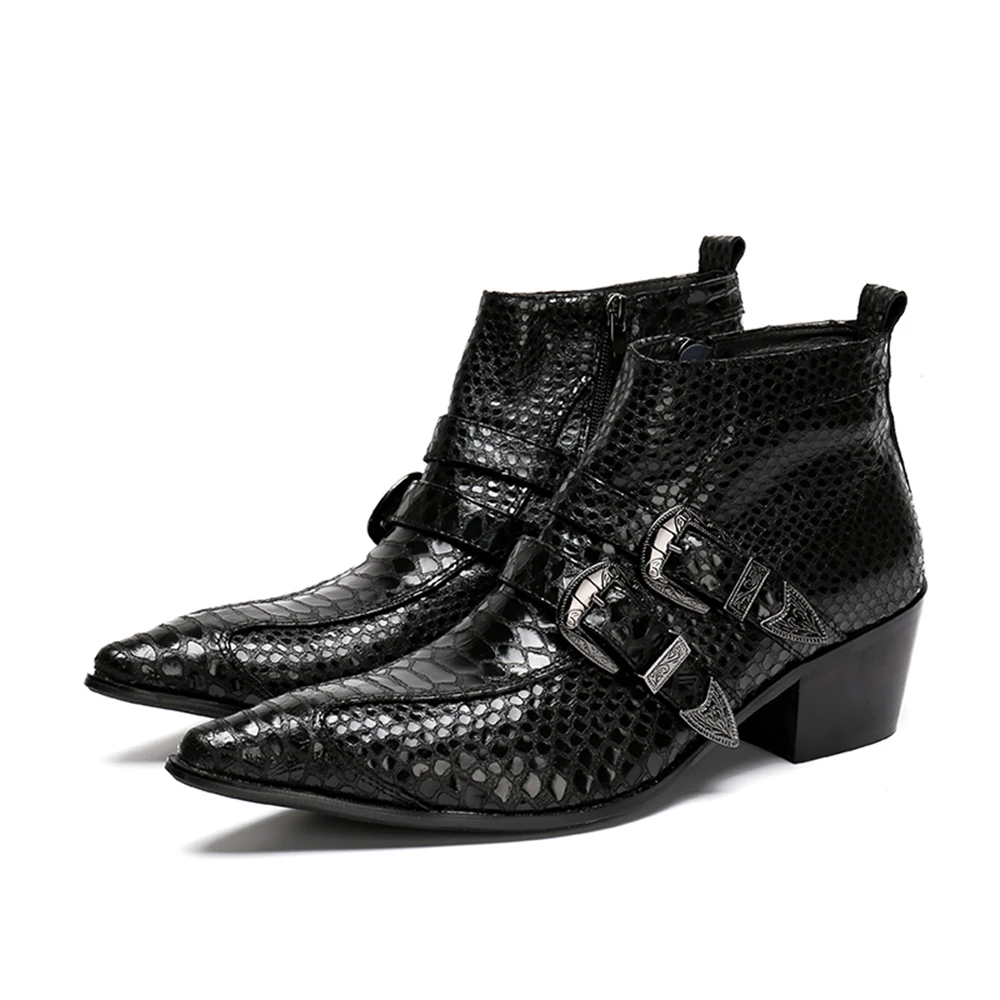 

Black Patent Leather Thick High Heels Pointed Toe Buckle Zipper Boots Male Plus Size Business Party Dancer British Style Shoes