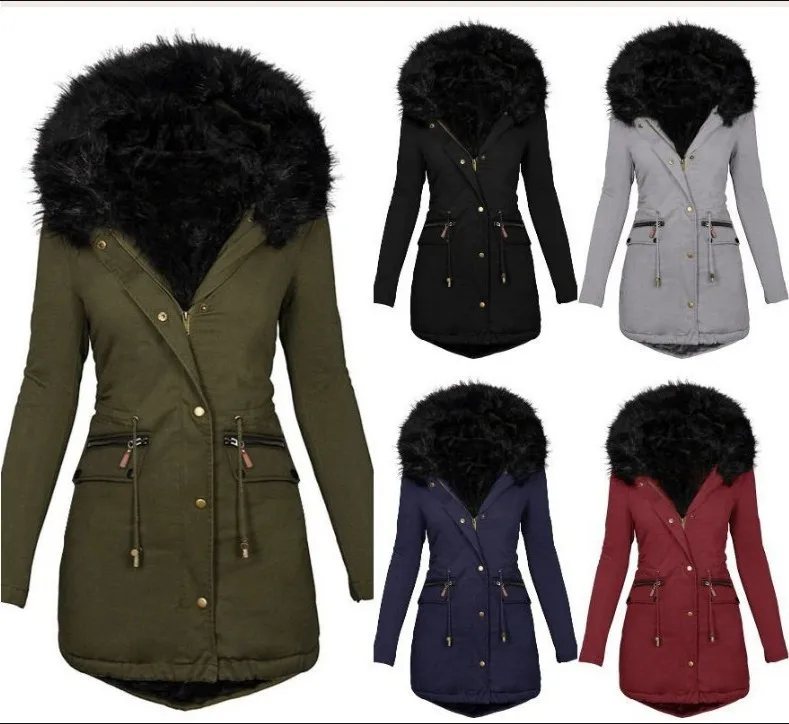 

Autumn and Winter New Solid Color Wool Collar Hooded Waist Mid length Thickened and Warm Women's Cotton Clothes